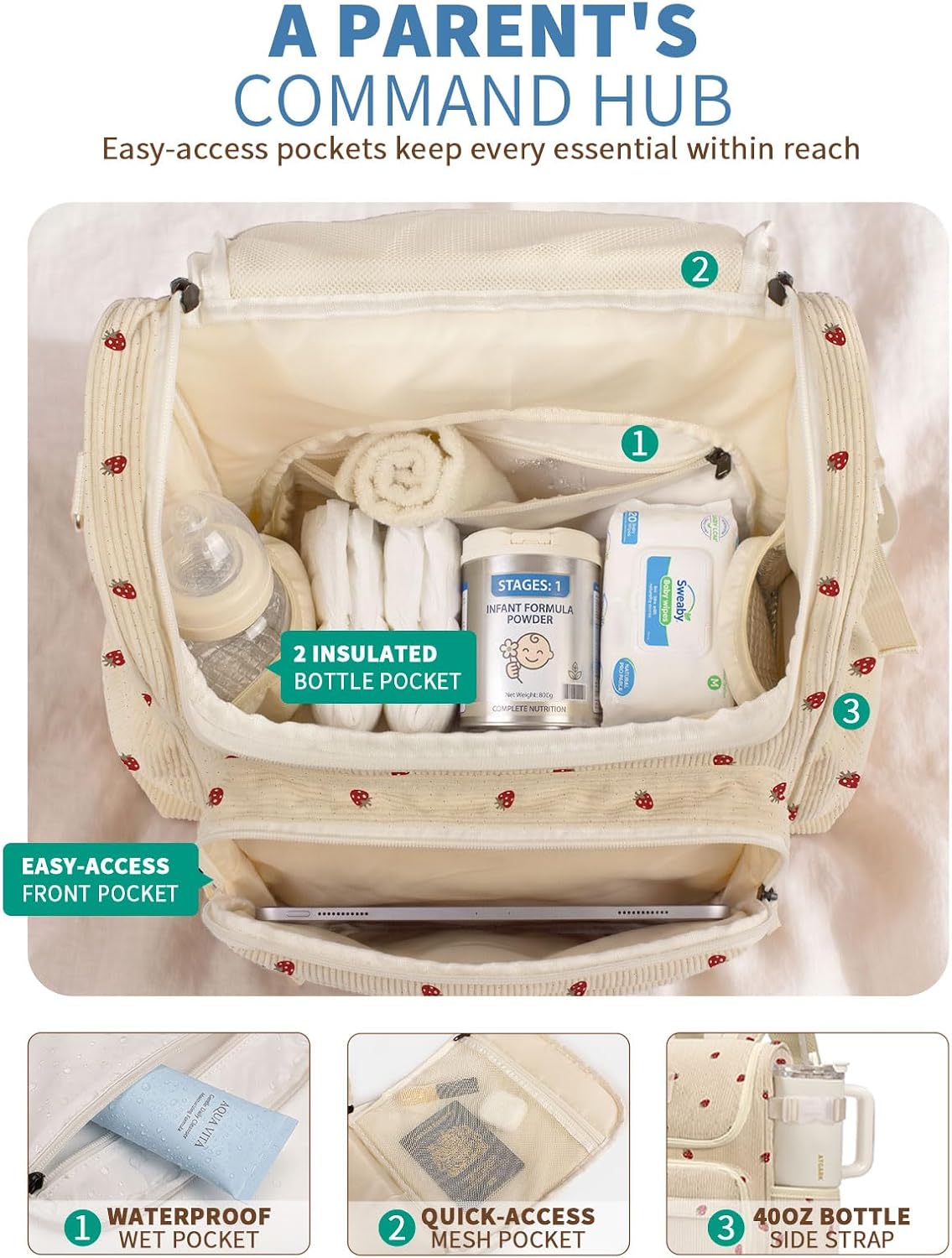 suwarble Mochila grande de pana para pañales para mamá, mochila de...