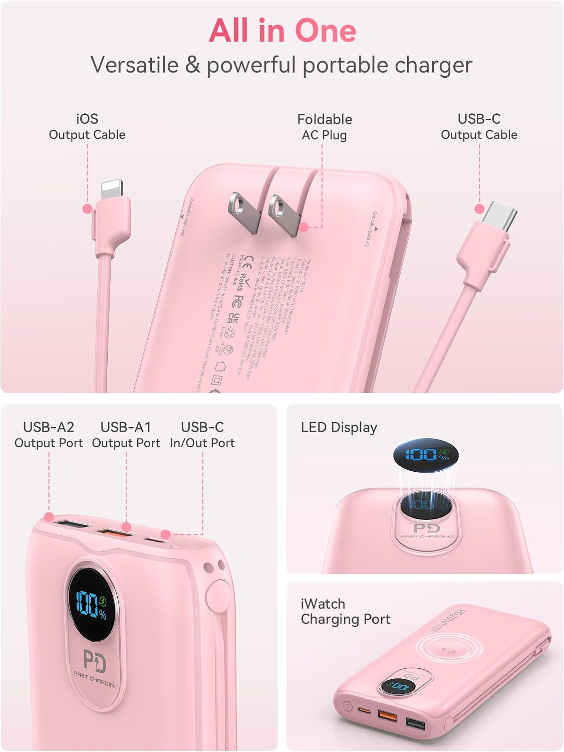Cargador portátil Power Bank 10000mAh PD20W con cables incorporados...