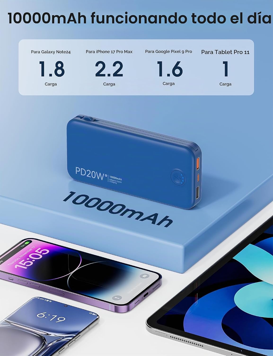 Nusyddy Cargador portátil 10000mAh de carga rápida w\/incorporado e...