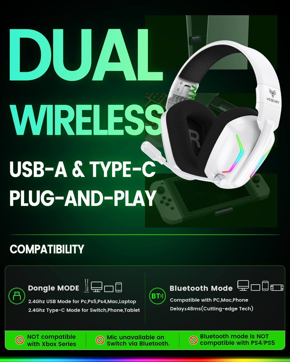 WESEARY Auriculares inalámbricos para juegos con micrófono para PS5...