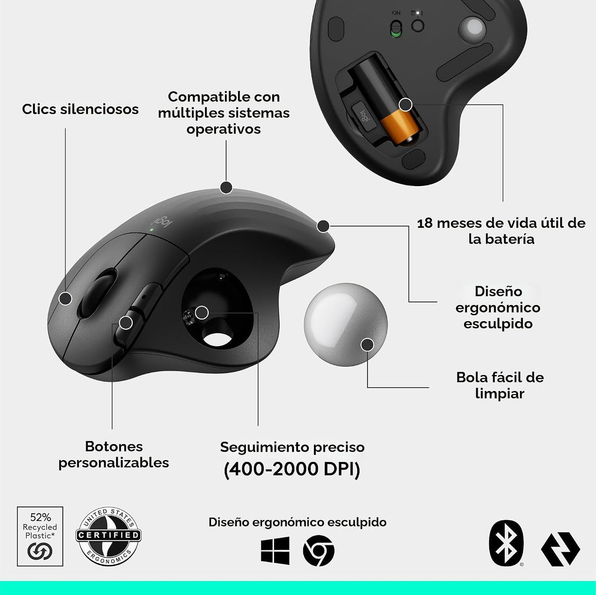 Logitech Ergo M575S Ratón inalámbrico Bluetooth Trackball - Bola de...