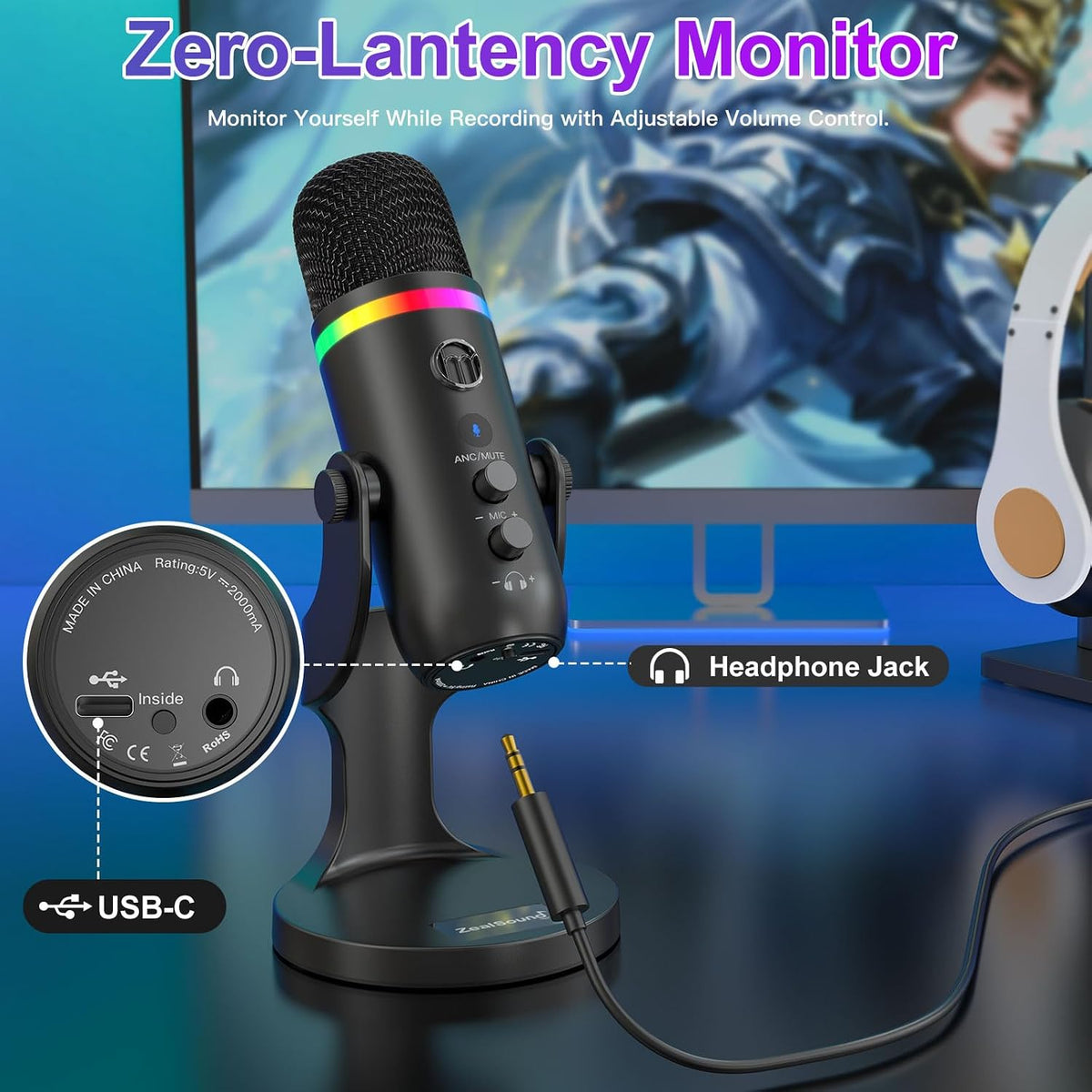 Micrófono ZealSound Podcast para PC, micrófono USB con reducción de...