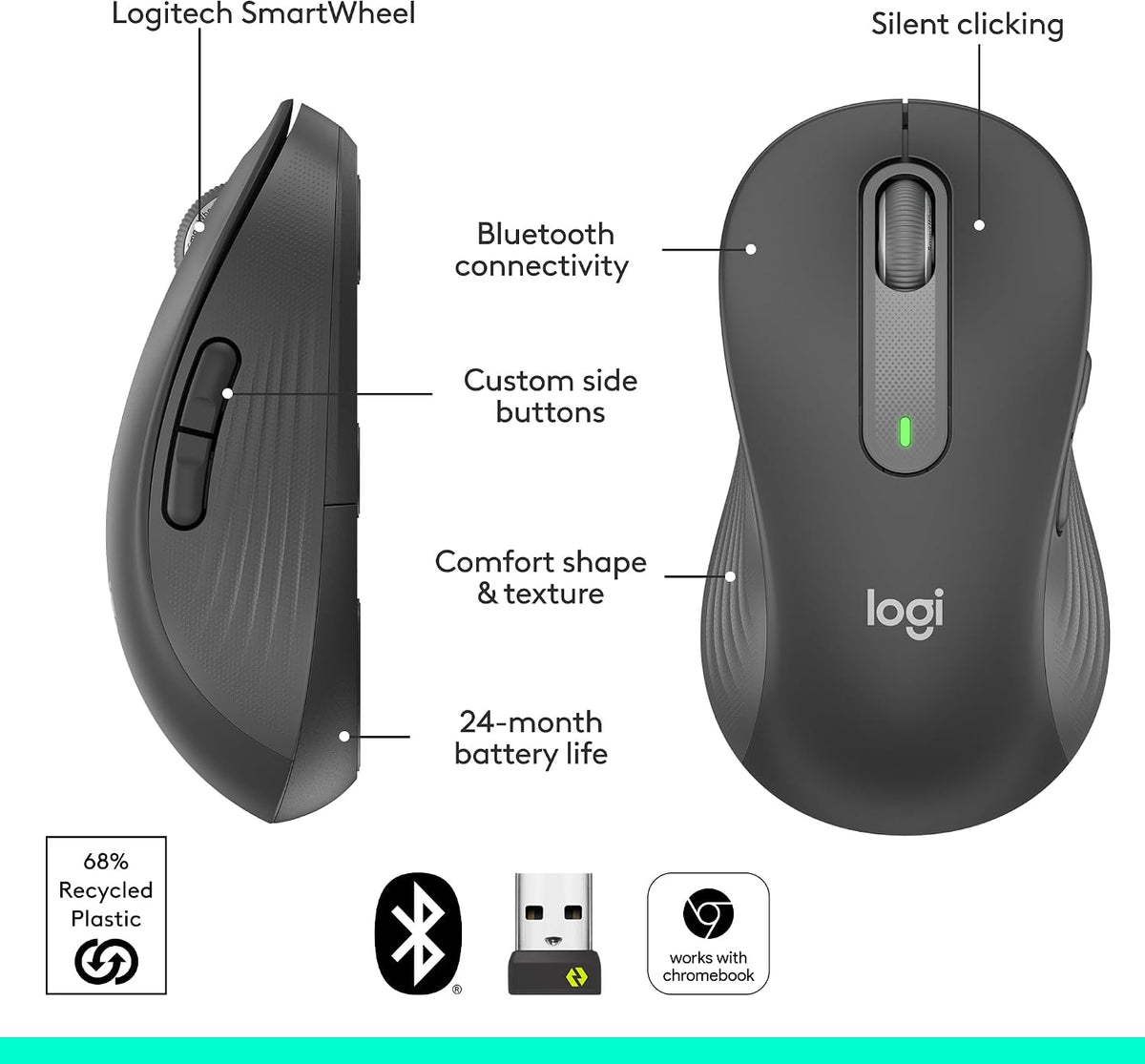 Logitech Ratón inalámbrico de tamaño completo Signature M650 L para...