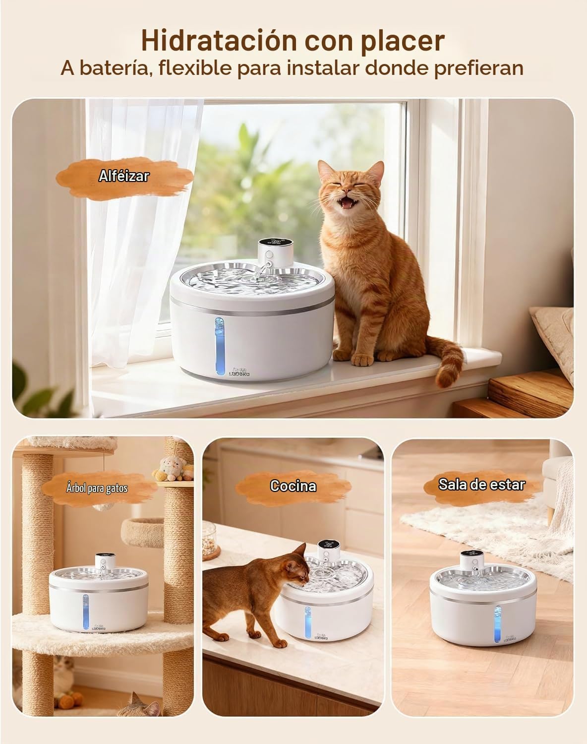 Fuente de agua inalámbrica para gatos [con bandeja de acero inoxida...