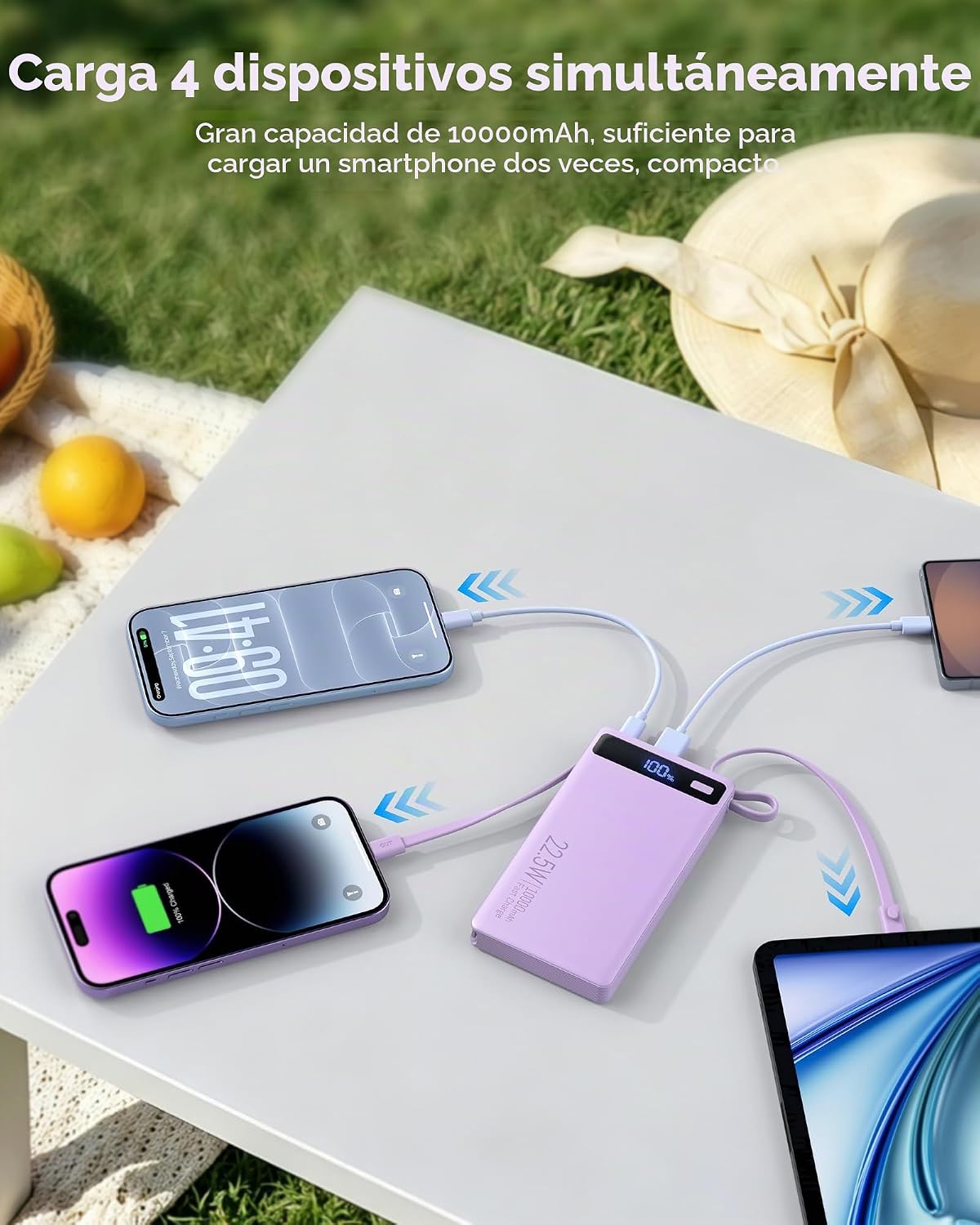 Cargador portátil 10000mAh incorporado 2 cables, 22.5W PD 40% más d...