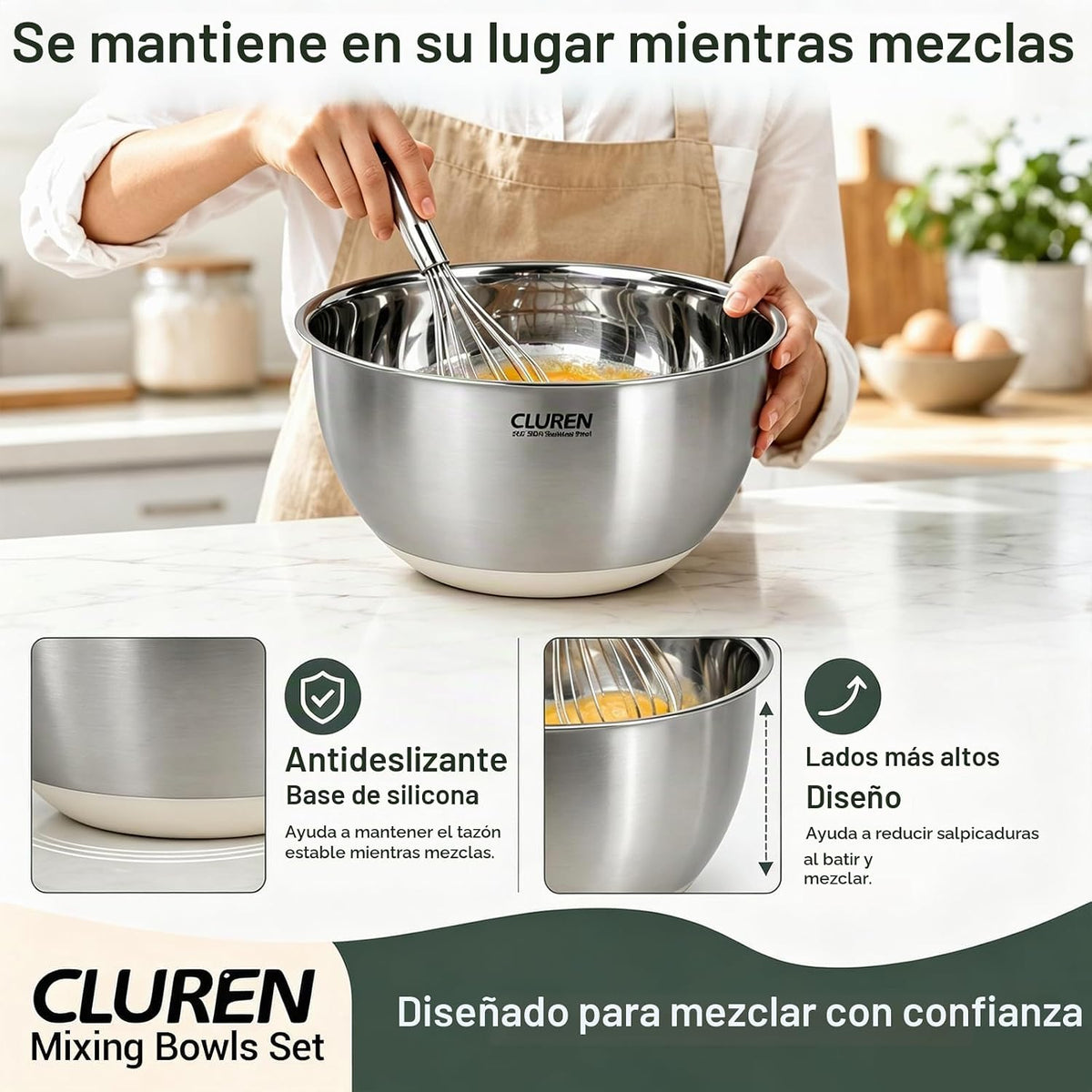 Juego de tazones para mezclar de acero inoxidable Cluren 304, 3 pie...