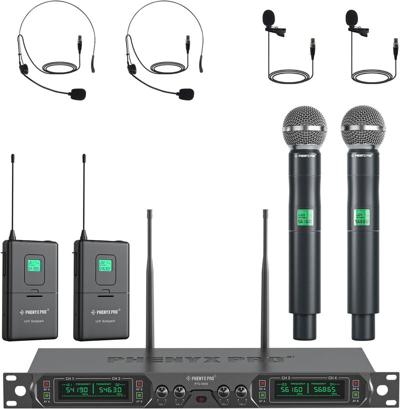 Phenyx Pro Micrófono inalámbrico de frecuencia fija UHF de 4 canale...