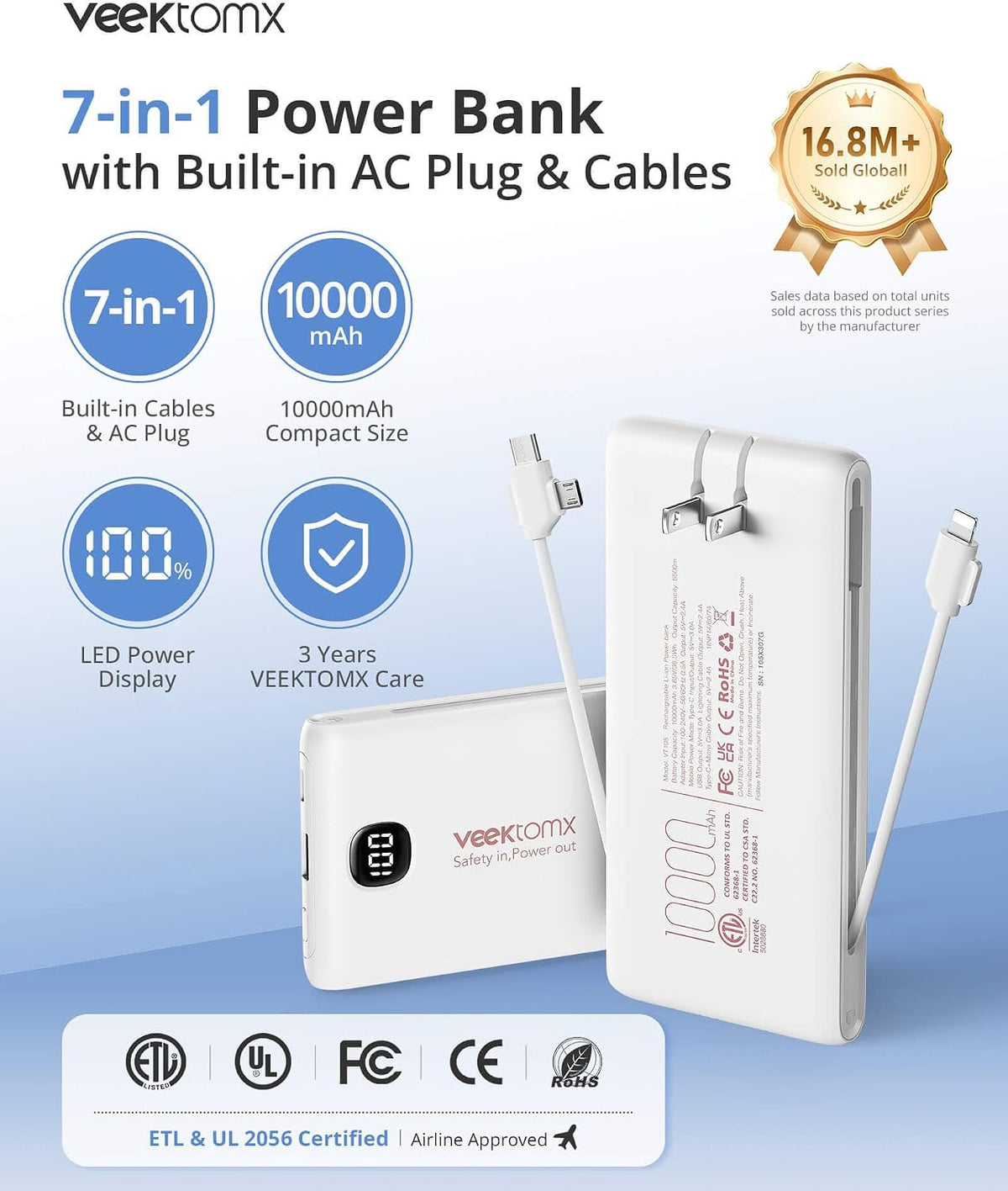 VEEKTOMX Cargador portátil de 10000 mAh con cables integrados y enc...