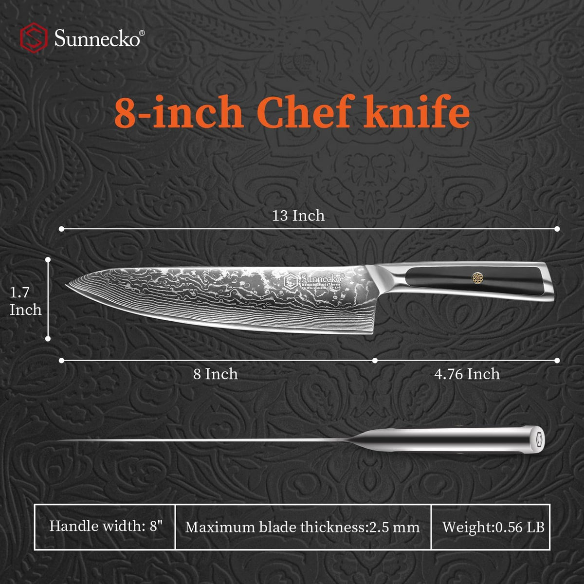 Sunnecko - Cuchillo de chef japonés de Damasco de 8 pulgadas, acero...