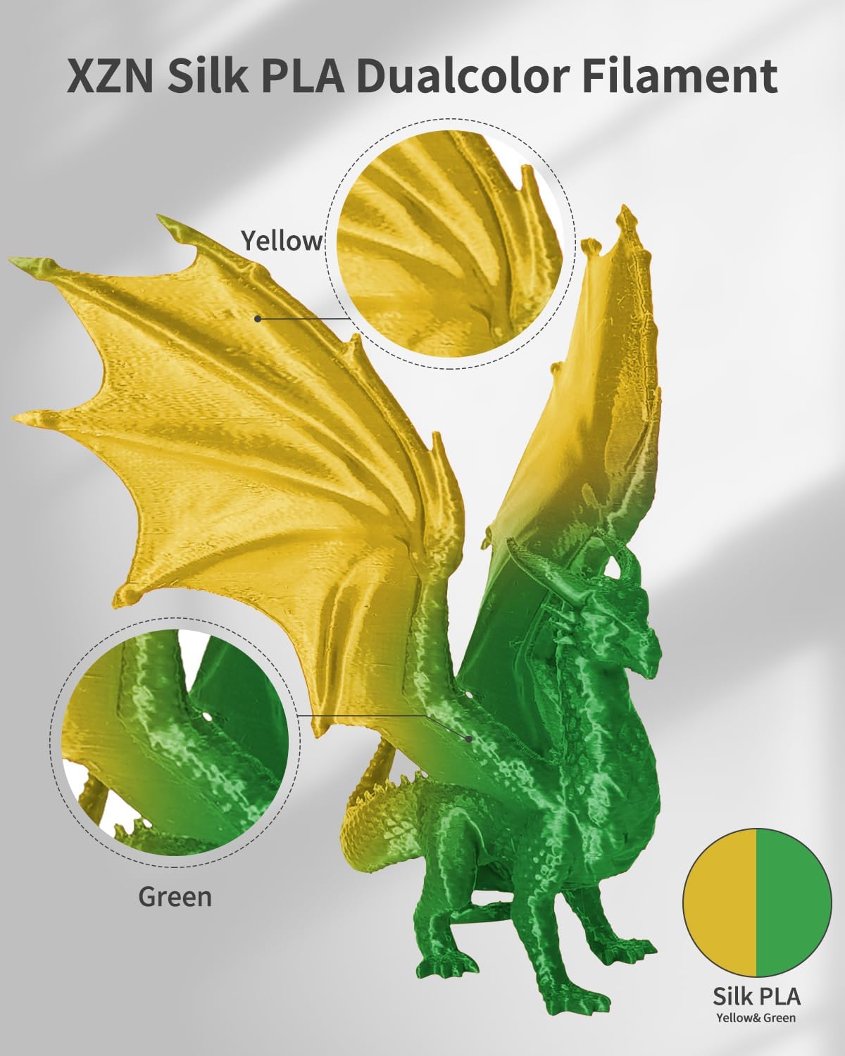 XZN Filamento PLA de Seda 1.75mm de Doble Color Amarillo Verde 1KG,...