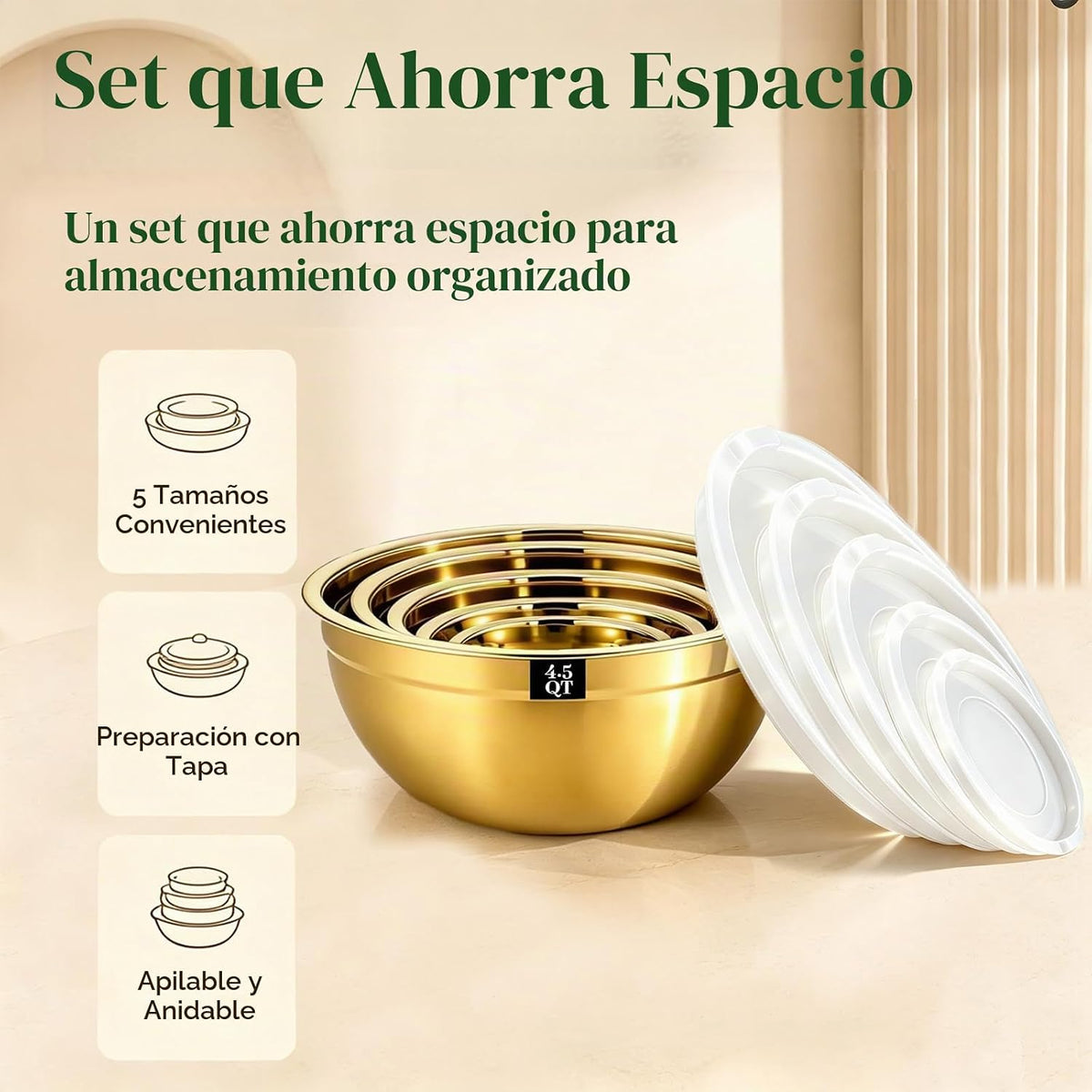 Juego de 5 cuencos de acero inoxidable dorados con tapas blancas, j...