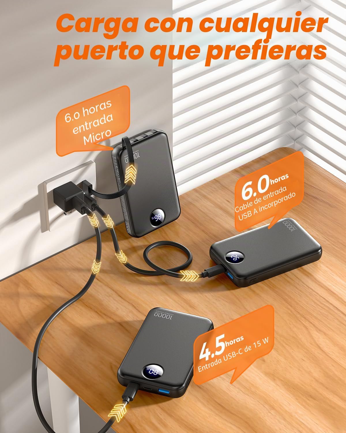 Zmmyuluo Cargador portátil de 10000 mAh con 4 cables integrados, pa...