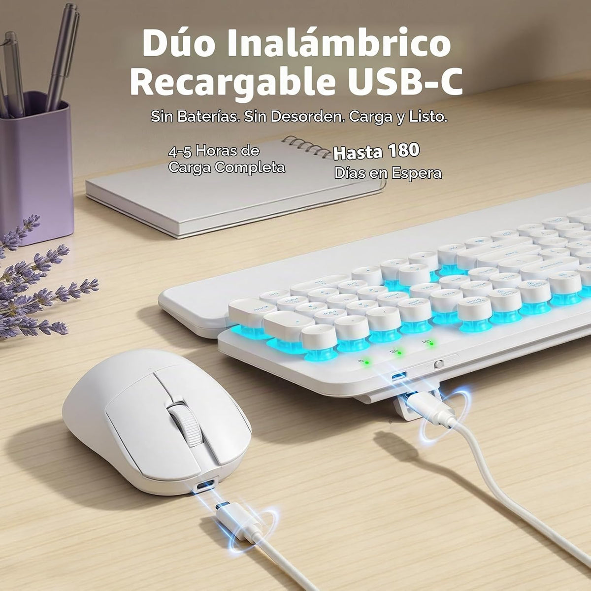 Combo de teclado y ratón inalámbricos, teclas redondas retroilumina...