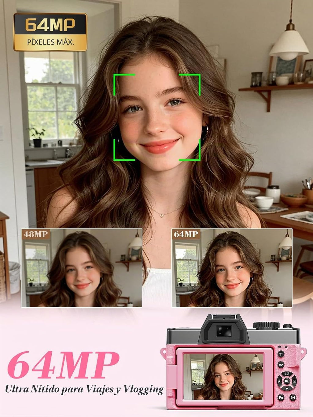 Cámara digital True 5K 64MP para fotografía (rosa intenso) | Enfoqu...