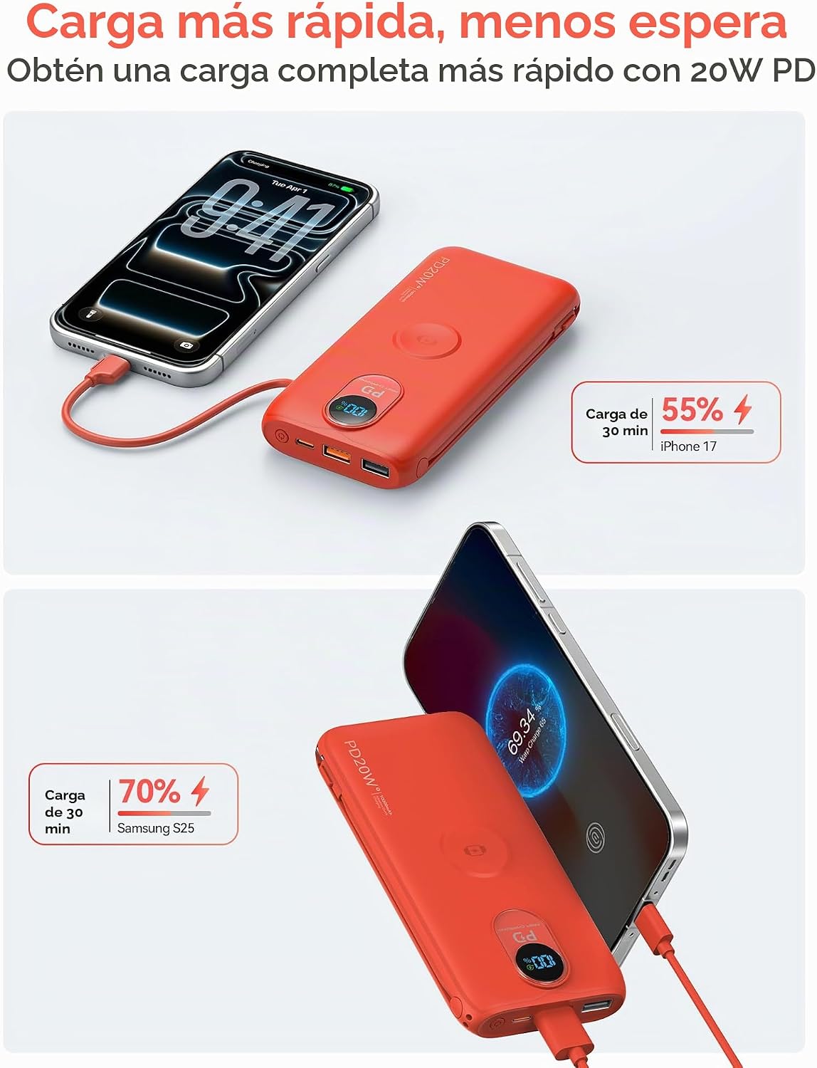 Cargador portátil Power Bank 10000mAh PD20W con cables incorporados...