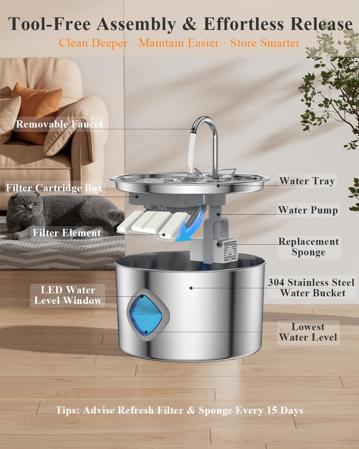 Fuente de agua para gatos de acero inoxidable, dispensador automáti...