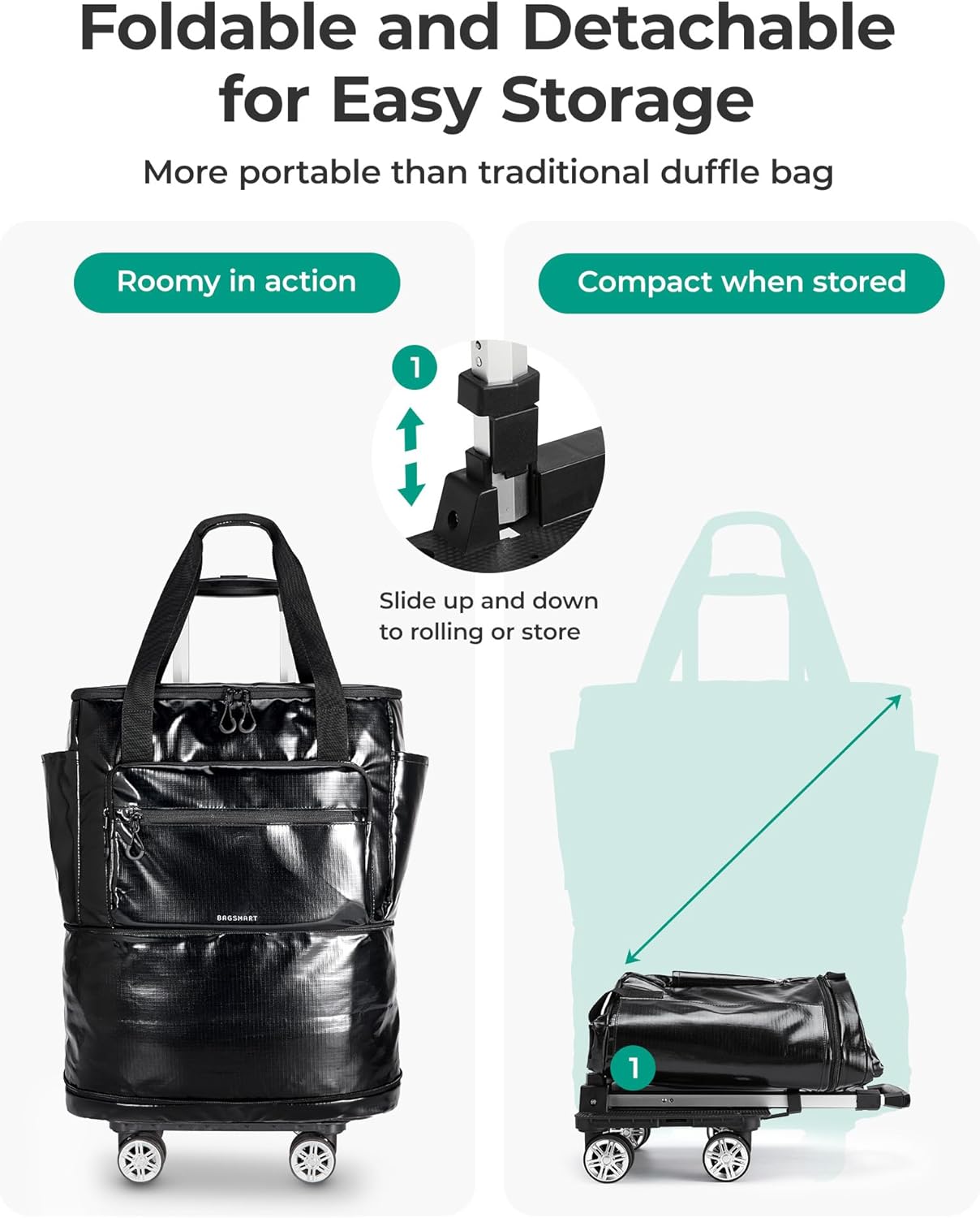 BAGSMART Bolso de viaje enrollable con ruedas, bolsa de equipaje de...