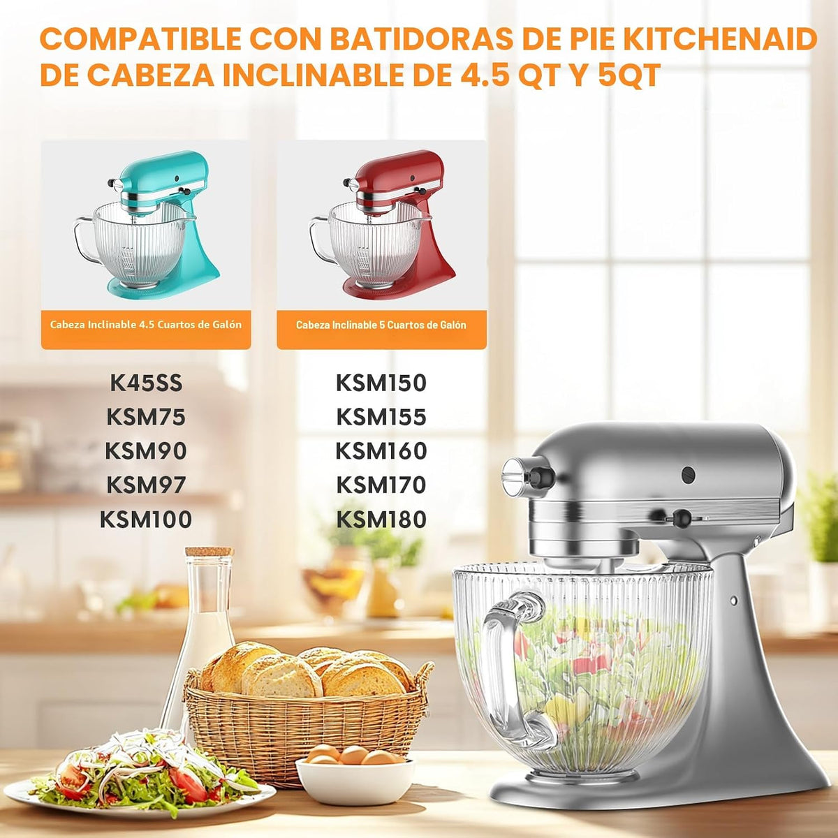 COFUN Tazón mezclador de vidrio para batidoras Kitchenaid con cabez...