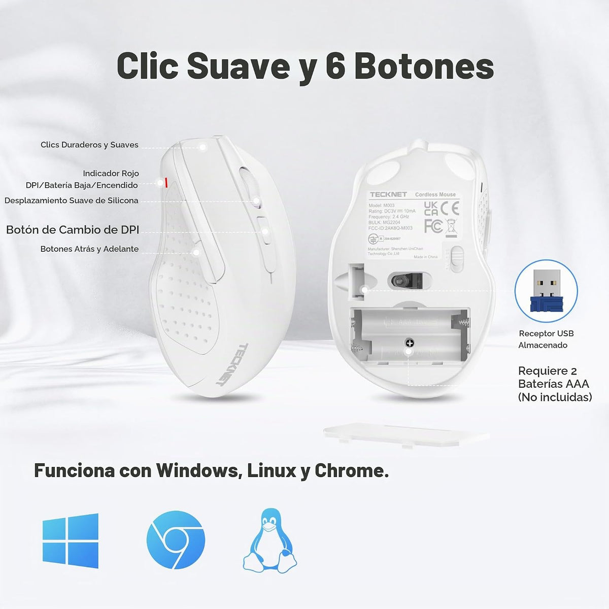 TECKNET - Mouse inalámbrico y ergonómico de 24 GHz, mouse óptico pa...