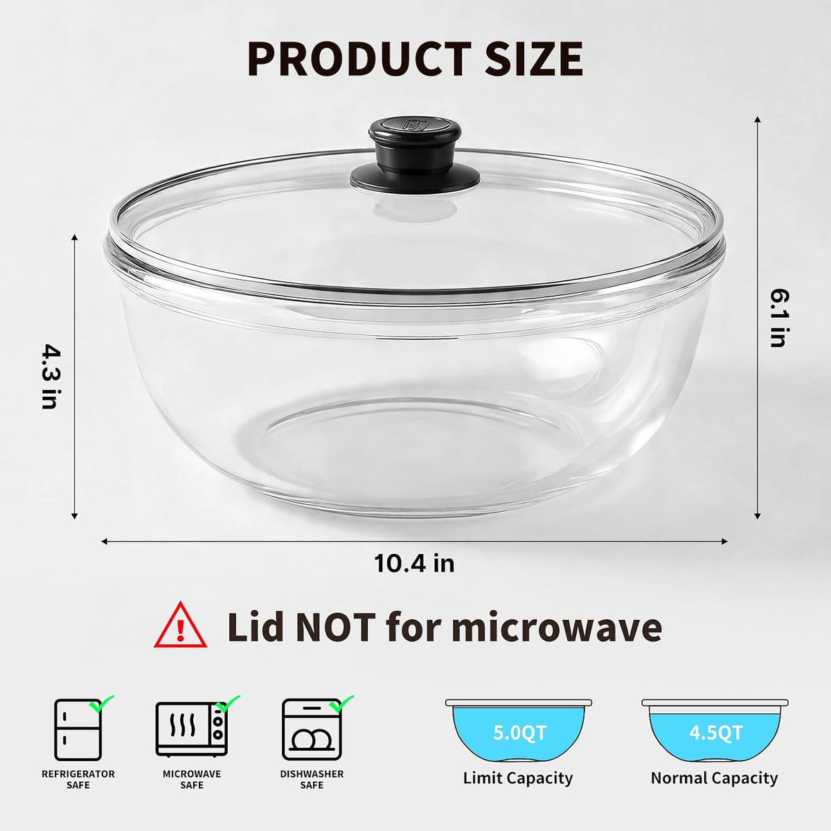 Tazón de mezcla de vidrio grande de 5QT con tapa, cuenco de vidrio...
