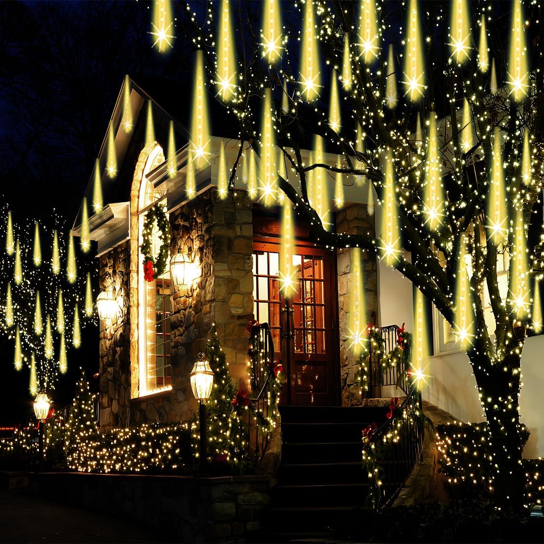Adecorty Luces navideñas para exteriores, luz de caída de lluvia ce...