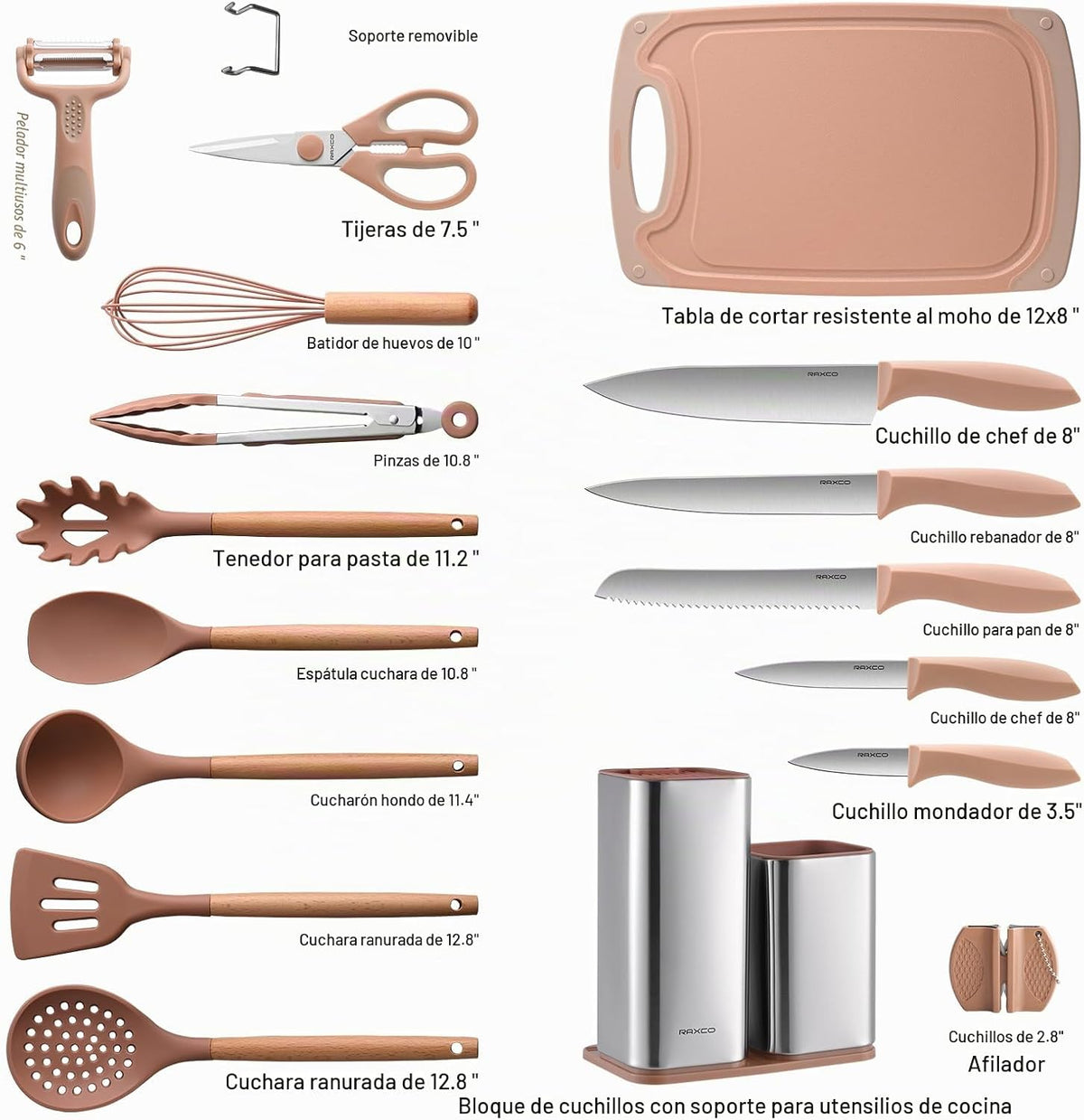 RAXCO - Juego de utensilios de cocina de silicona de 18 piezas y cu...