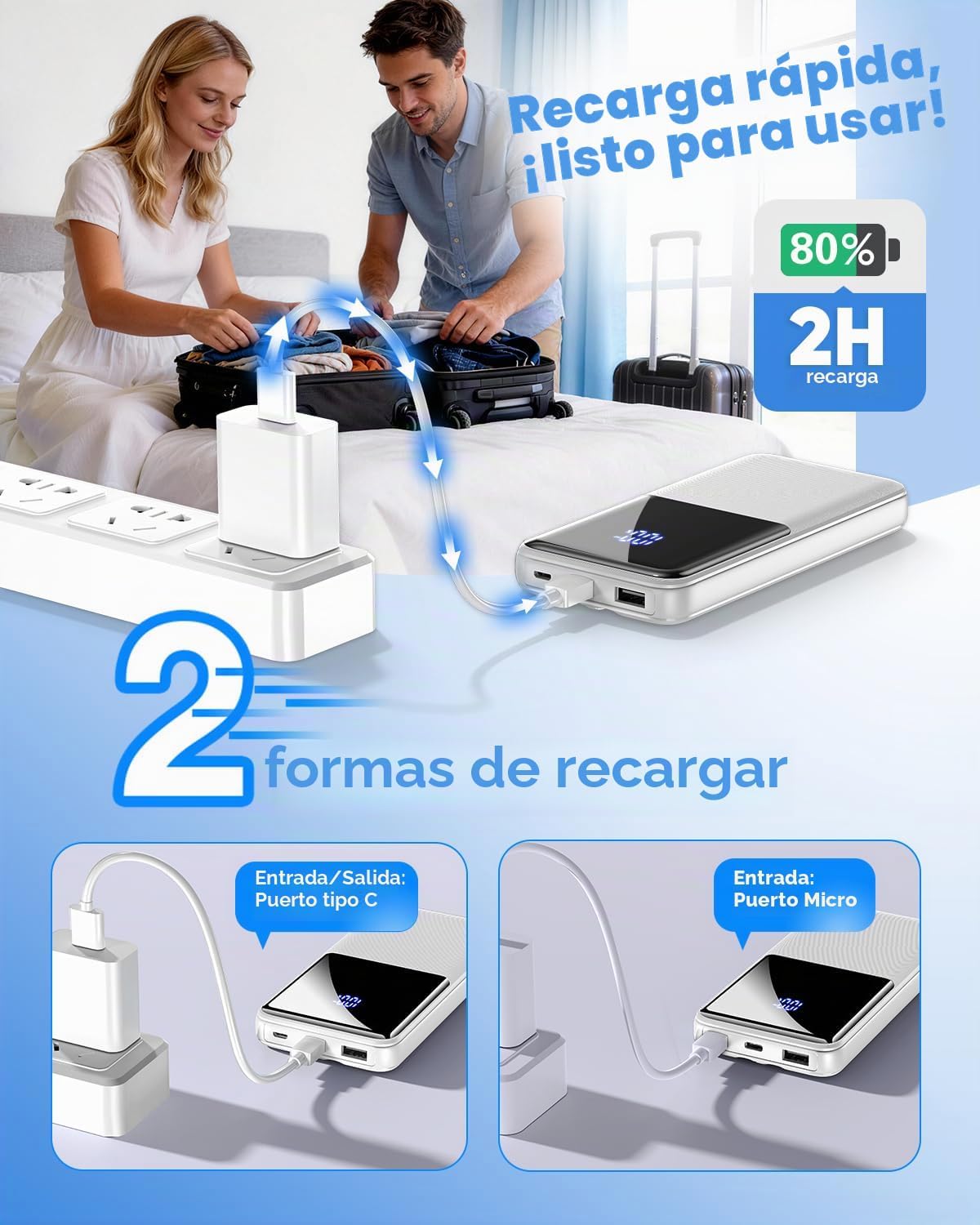 CFIAI Cargador portátil 15000mAh Slim Power Bank con cables integra...
