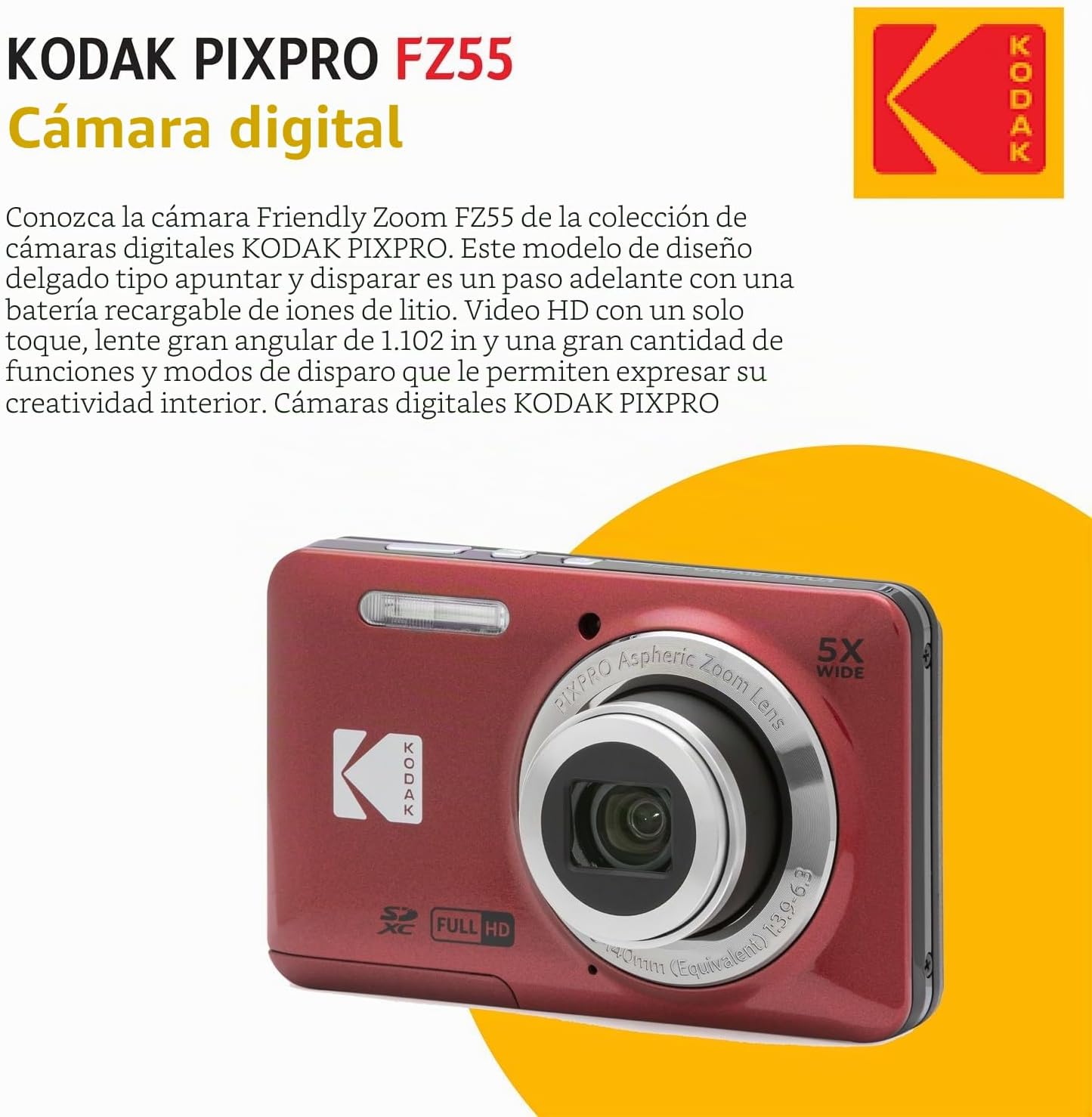 KODAK PIXPRO FZ55 Cámara digital de 16 MP de apuntar y disparar, zo...