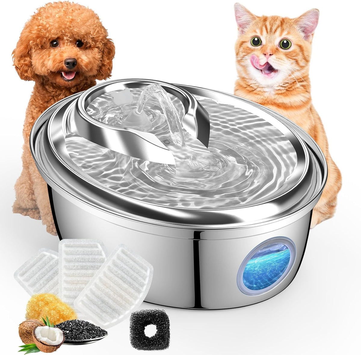 ORSDA Fuente de agua de acero inoxidable para gatos, fuente automát...