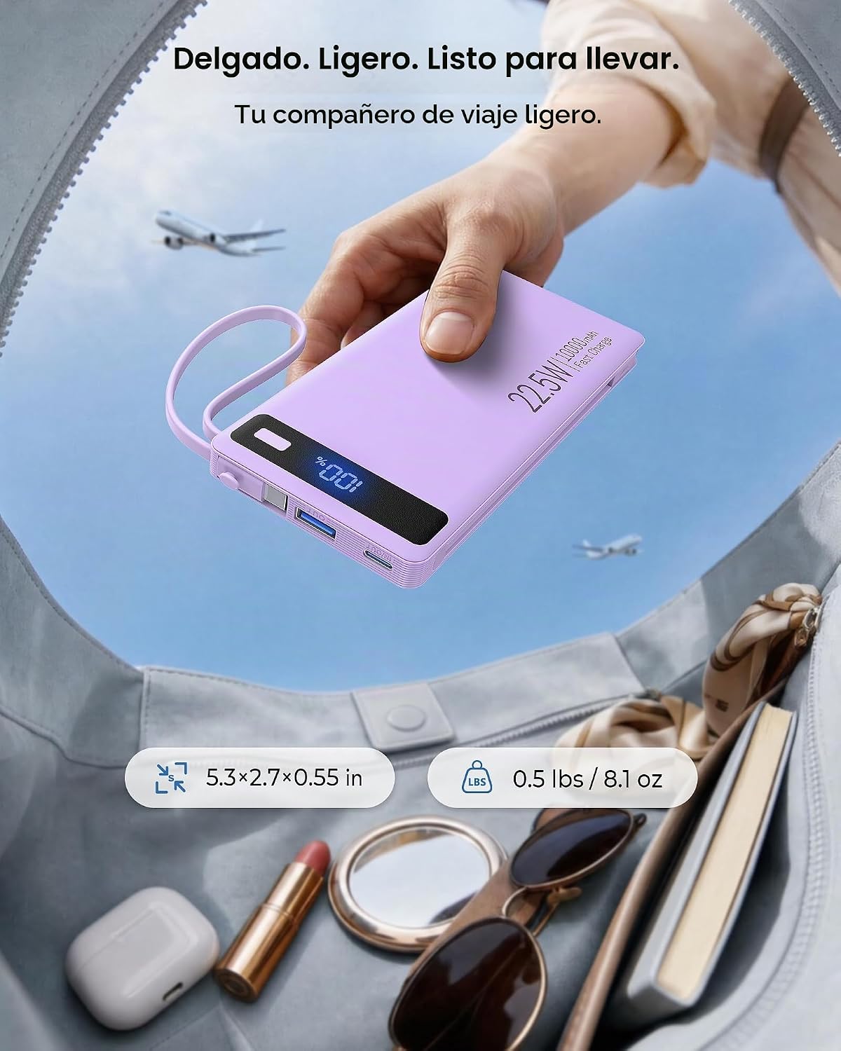 Cargador portátil 10000mAh incorporado 2 cables, 22.5W PD 40% más d...