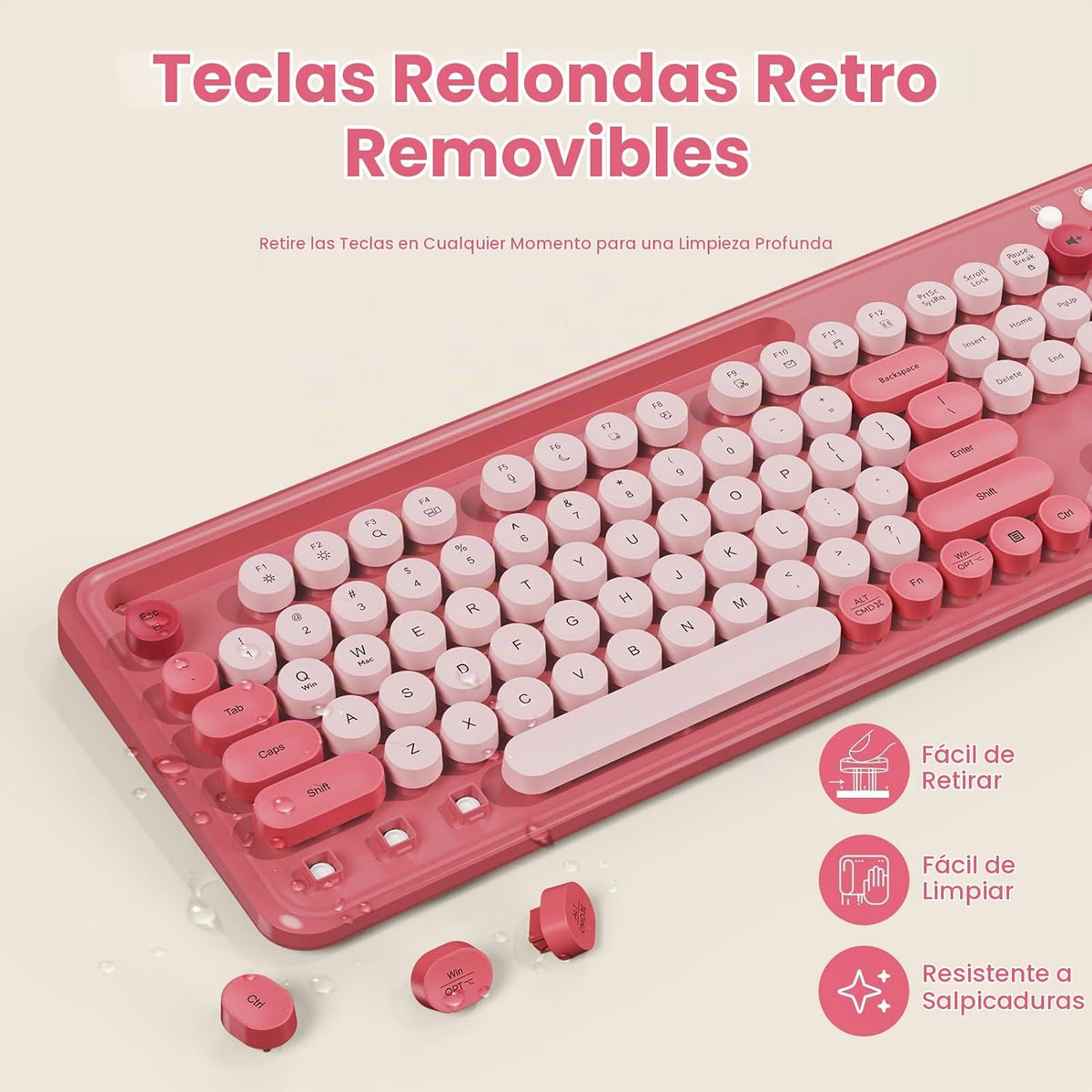 Combo de teclado y mouse inalámbricos, teclas redondas retro, tecla...
