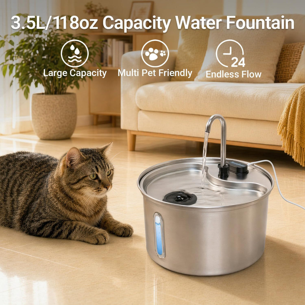 SOVELIVEE Fuente de agua para gatos, fuente para gatos de acero ino...