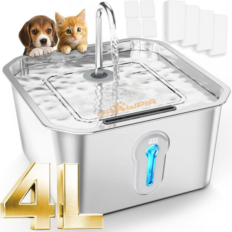 UPAWPIA Fuente de agua grande de acero inoxidable para gatos de 4 l...