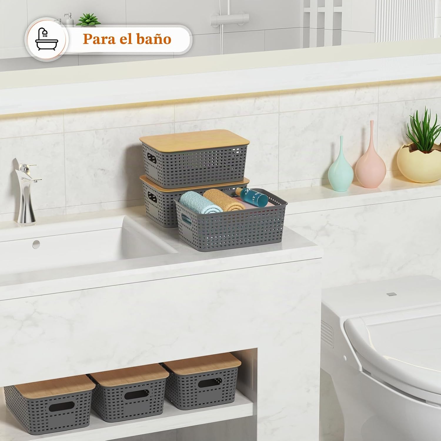 Cestas de almacenamiento de plástico con tapa de bambú - Contenedor...