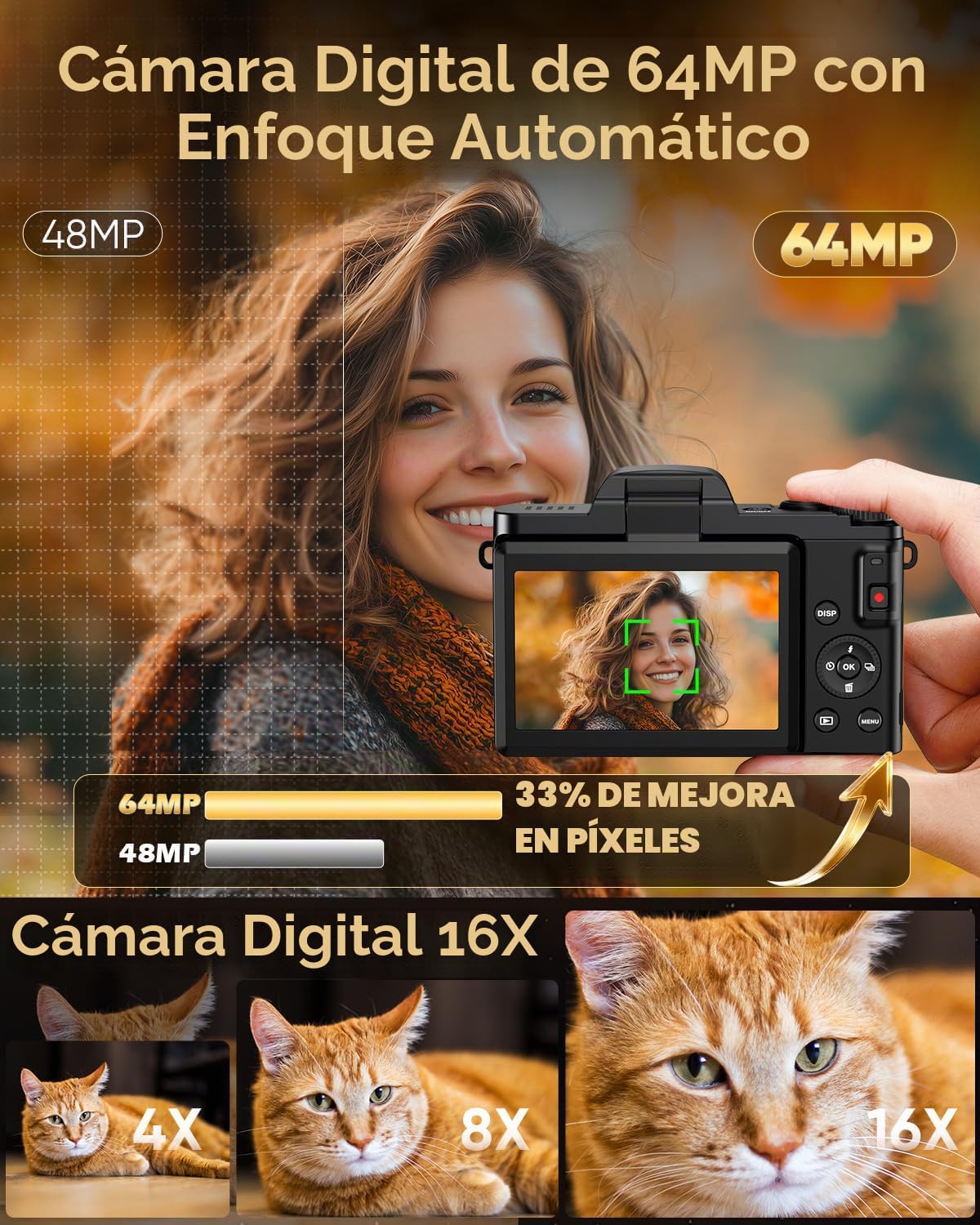 Cámara digital 4K WiFi 180° pantalla abatible enfoque automático 64...