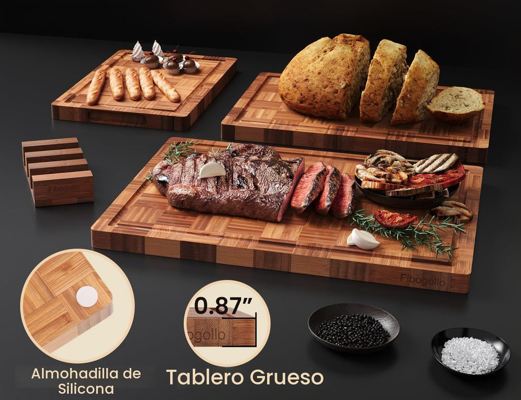 Fibogollo Juego de 3 tablas de cortar de cocina de bambú con ranura...
