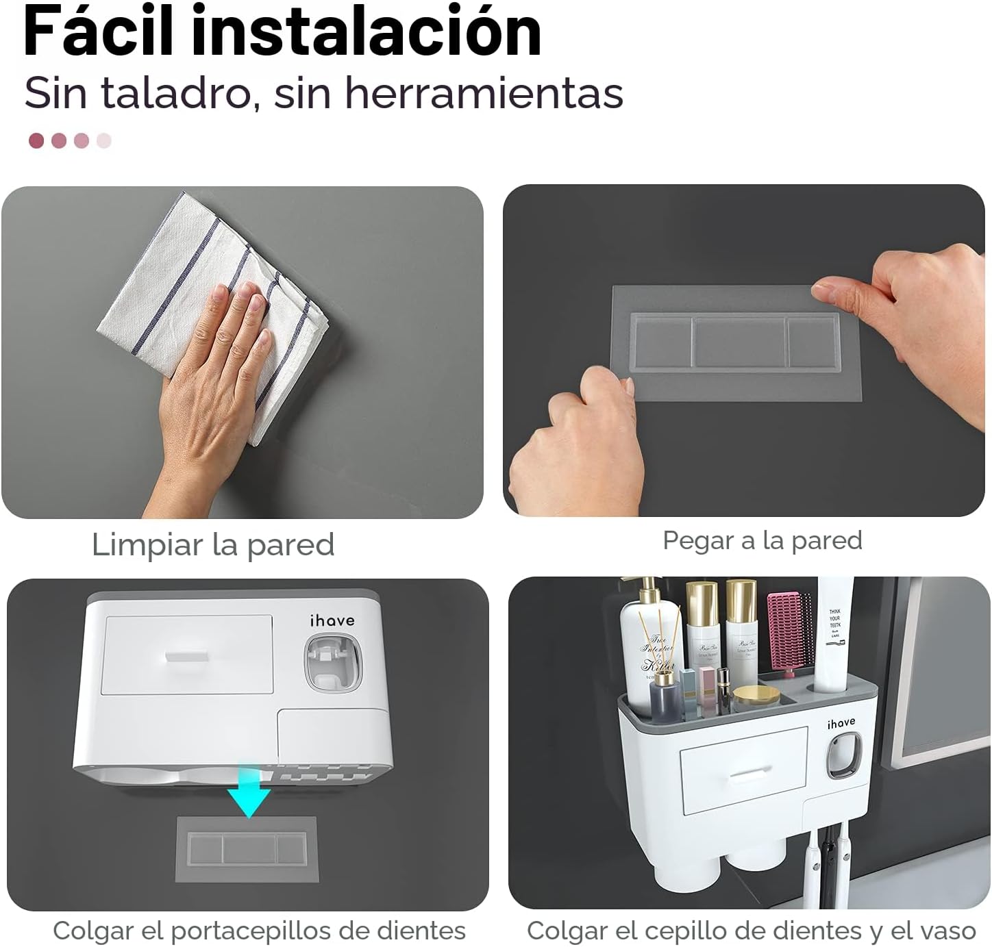 iHave Soportes para cepillos de dientes montados en la pared con |...