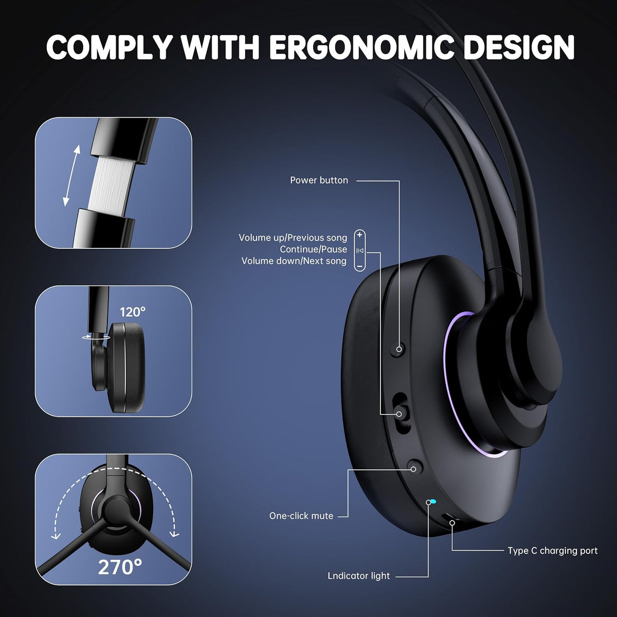 AOC Auriculares inalámbricos con micrófono para trabajo, cancelació...