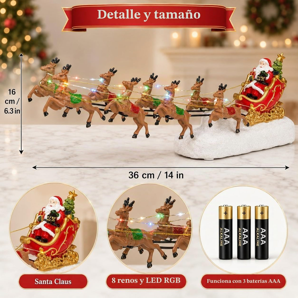 innodept12 Trineo de Papá Noel de Navidad con 8 renos, decoración d...