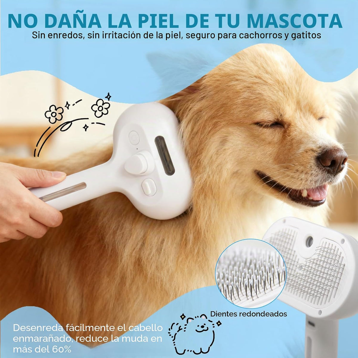 Cepillo de vapor para mascotas para gatos y perros, peine autolimpi...