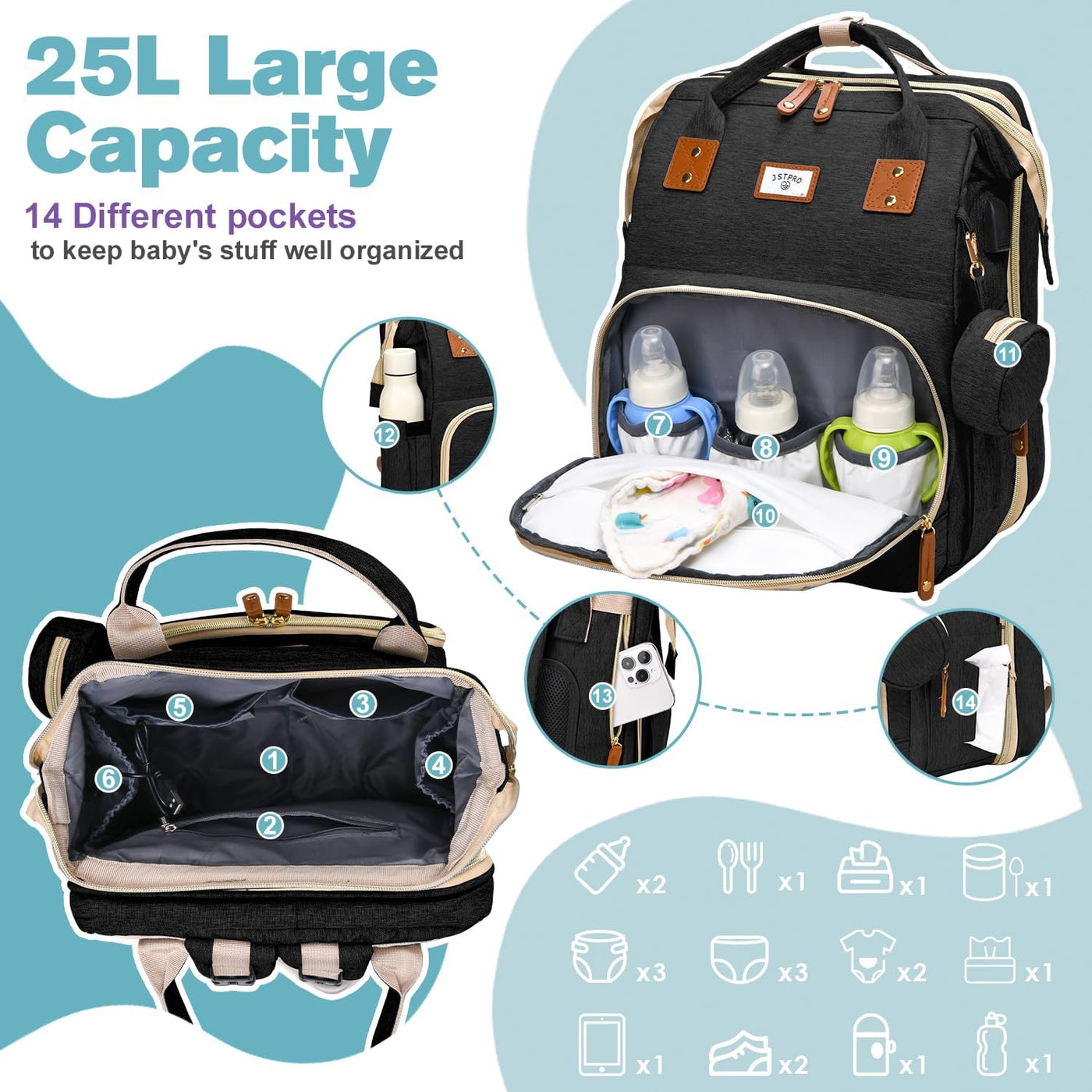 JSTPRO Mochila para pañales con cambiador, capacidad de 25 litros,...