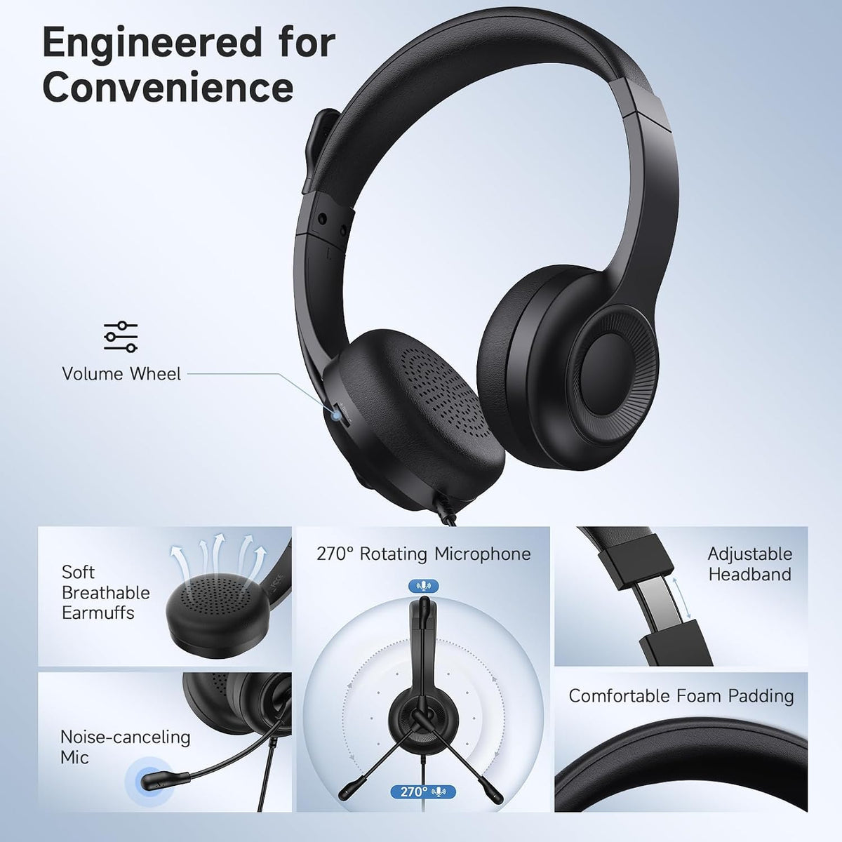 AOC Auriculares USB con micrófono para PC, auriculares con cable en...