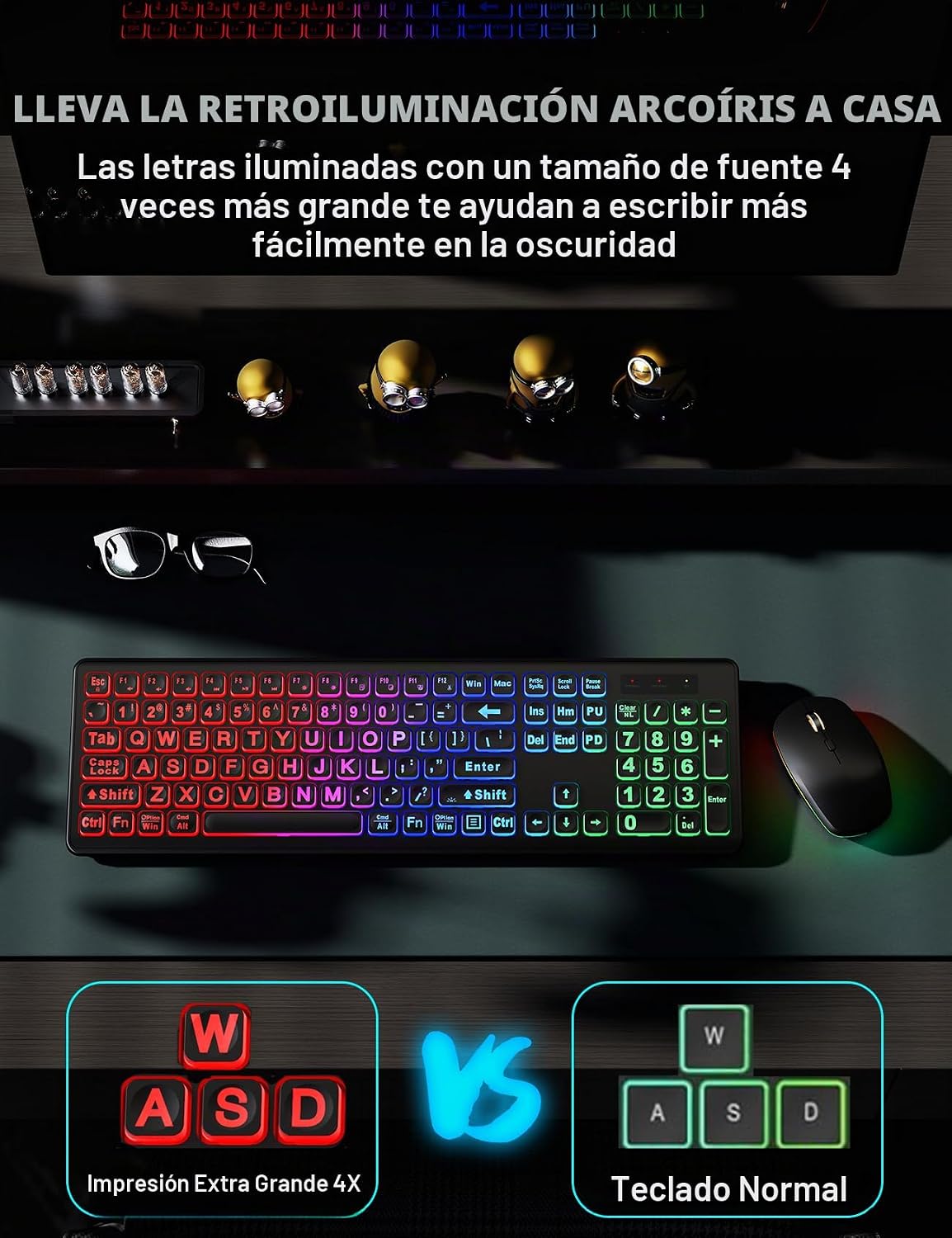 Combo de teclado y ratón inalámbricos, retroiluminación RGB, recarg...