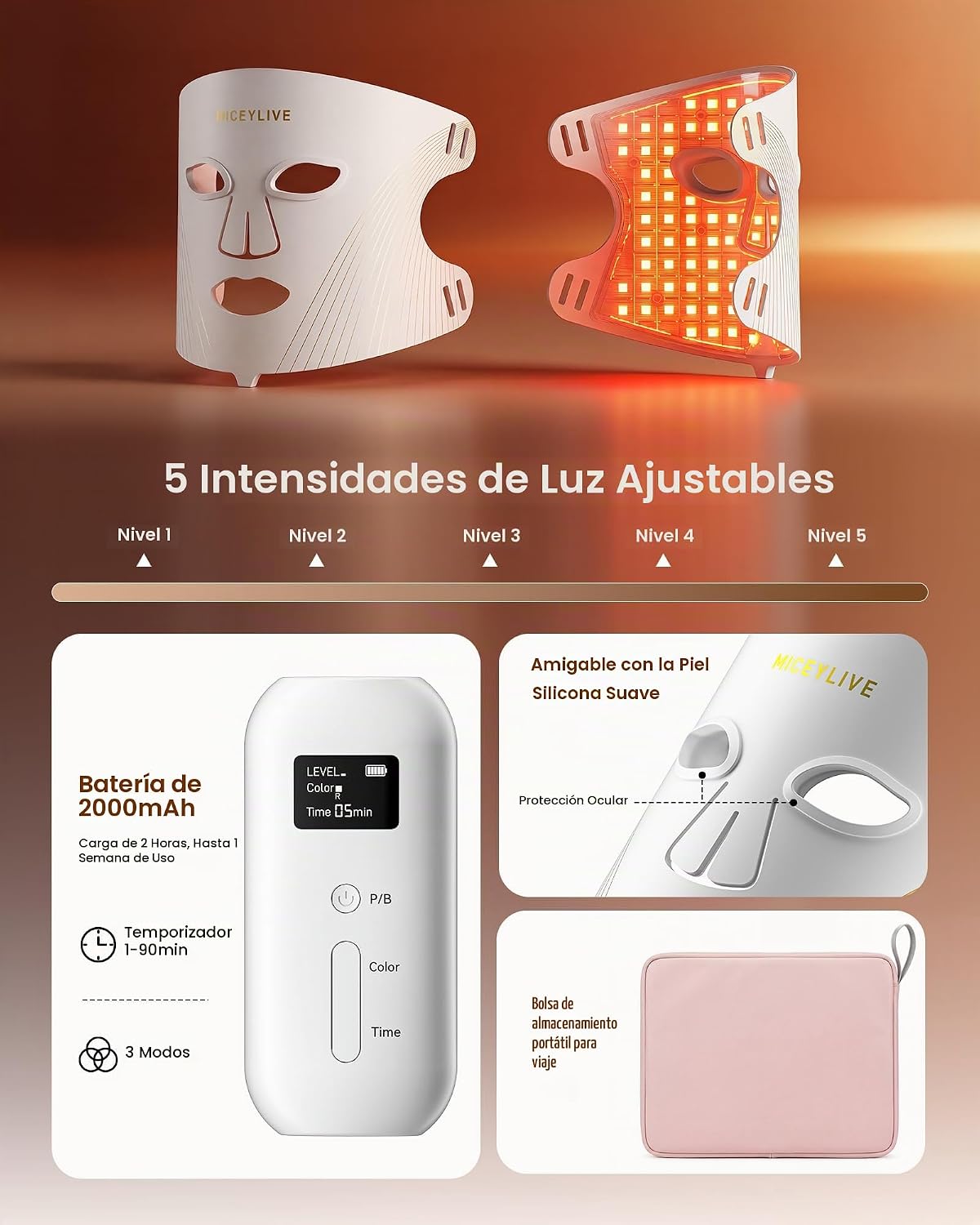 MICEYLIVE Terapia de luz roja para cara, máscara de luz azul aproba...