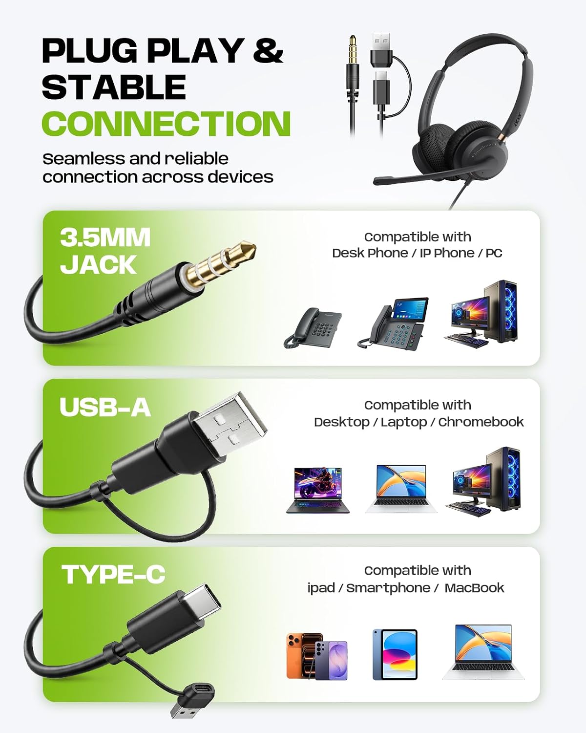 Acer Auriculares USB con micrófono para PC, auriculares de computad...