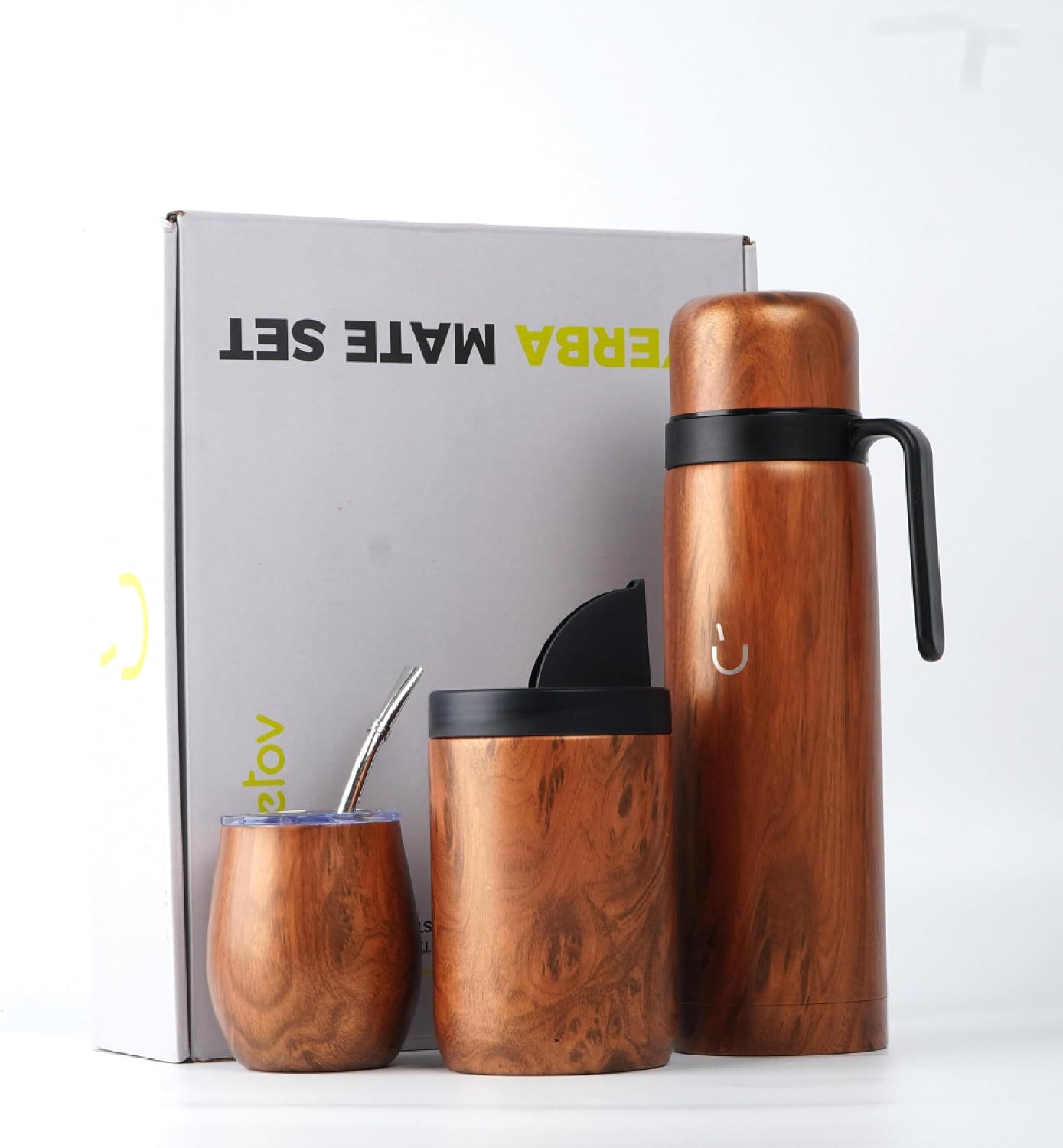 BALIBETOV Juego completo de yerba mate – Calabaza mate moderna, frasco térmico, contenedor de yerba, bombilla y cepillo de limpieza incluidos, todo acero inoxidable 304 18/8 de alta calidad
