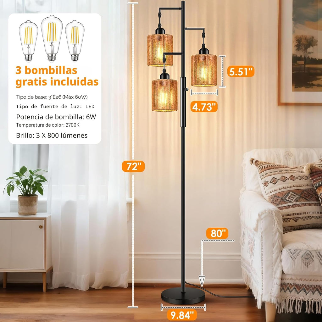 Hotsonic Lámpara de pie de árbol de ratán boho de 72 pulgadas, lámp...