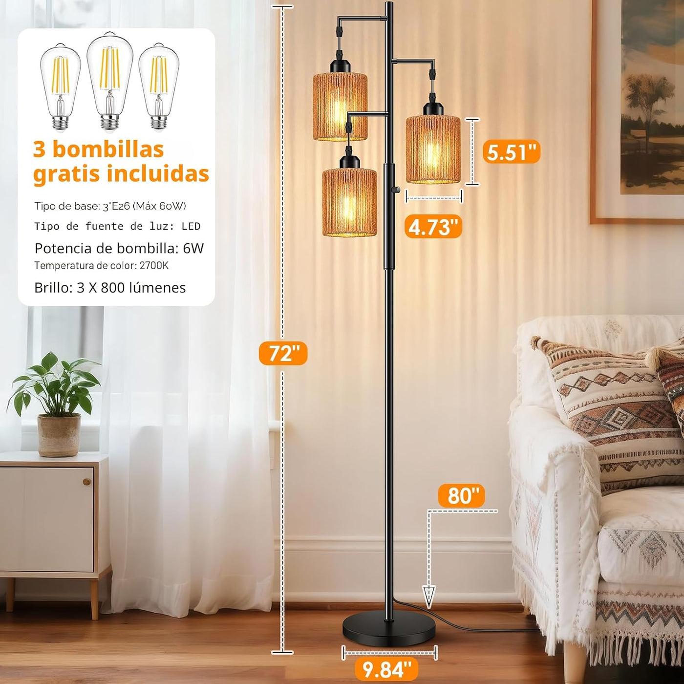 Hotsonic Lámpara de pie de árbol de ratán boho de 72 pulgadas, lámp...
