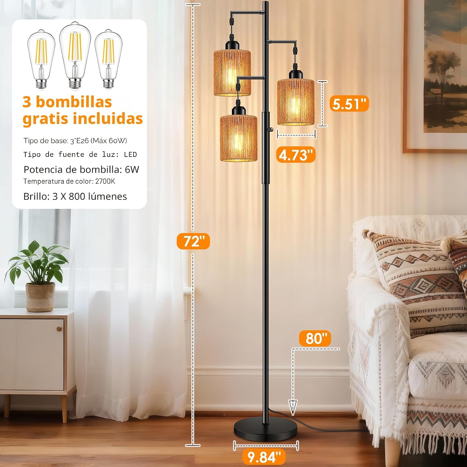 Hotsonic Lámpara de pie de árbol de ratán boho de 72 pulgadas, lámp...