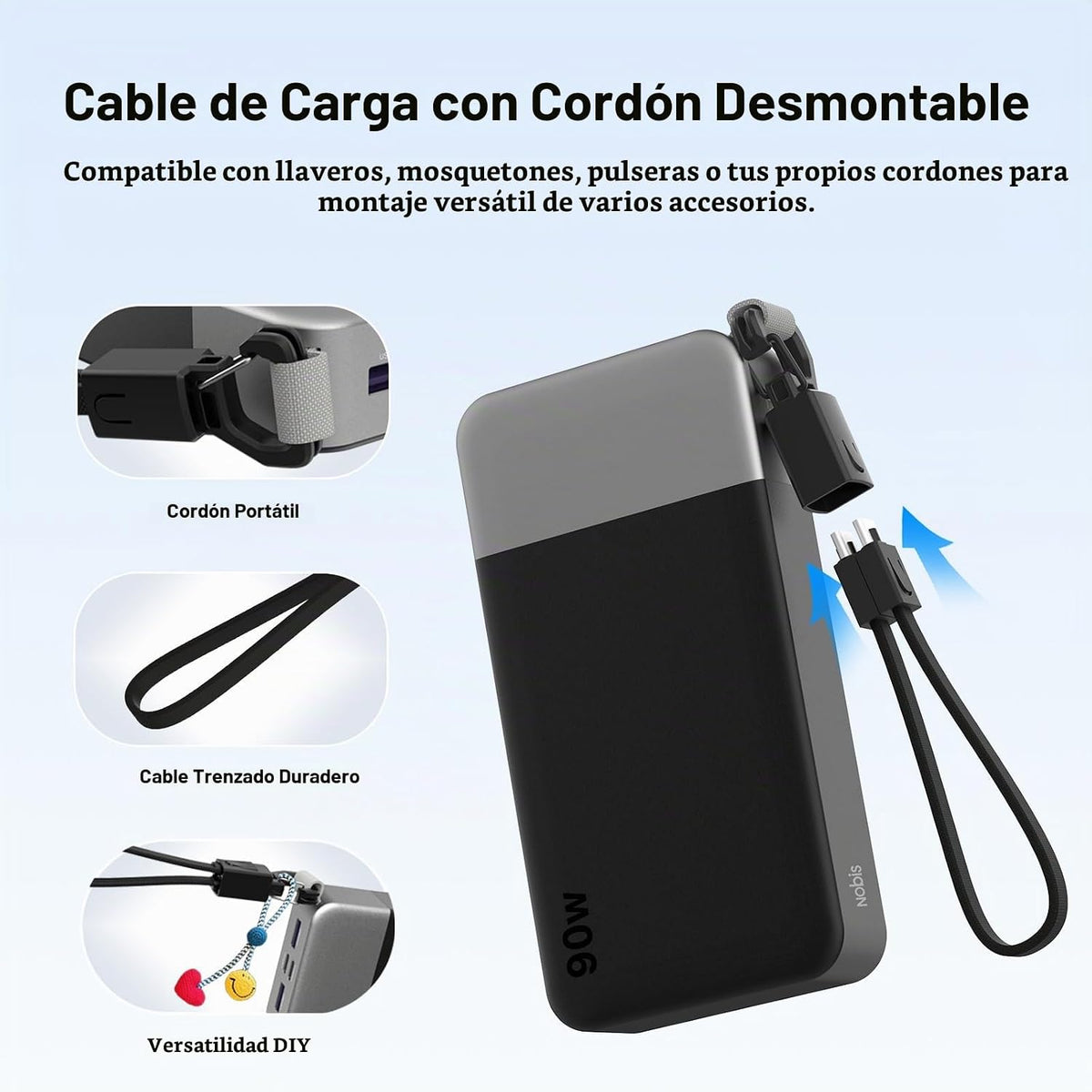 Cargador portátil NOBIS 20000mAh 90W Power Bank con cable desmontab...